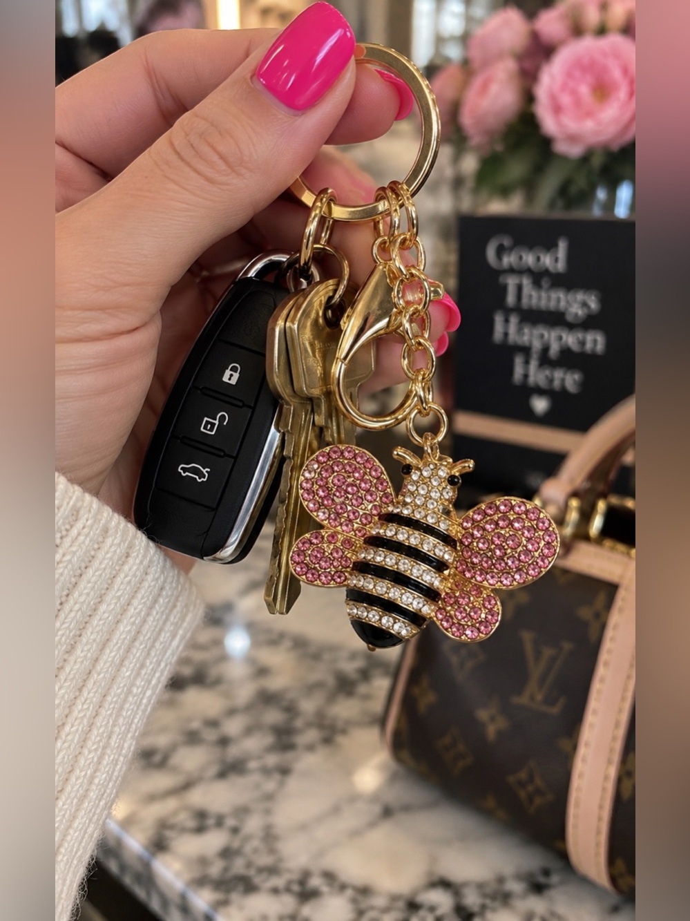 12 Gold & Silver Bee Keychains/ bag charms with Pink Glitter Wings-Bulk bundle - Picture 2 of 7